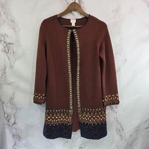 Chicos Cardigan Women Small 0 Brown Beaded Sweater Long Duster Mahogany Zebra